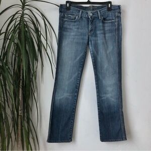 7 FOR ALL MANKIND Women's Washed Blue Studded Flared Low Rise Jeans Size 30